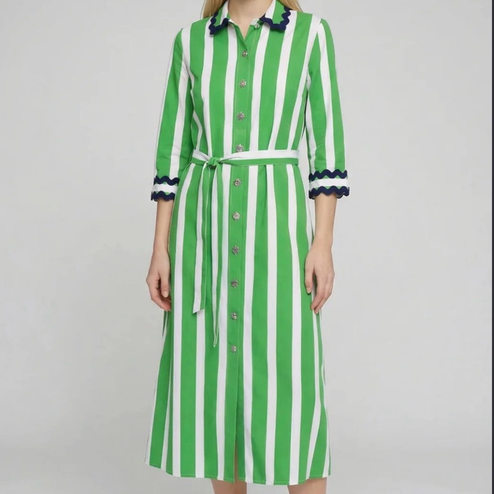 Vilagallo- Striped Green and White Stripe Button Doen Midi Dress